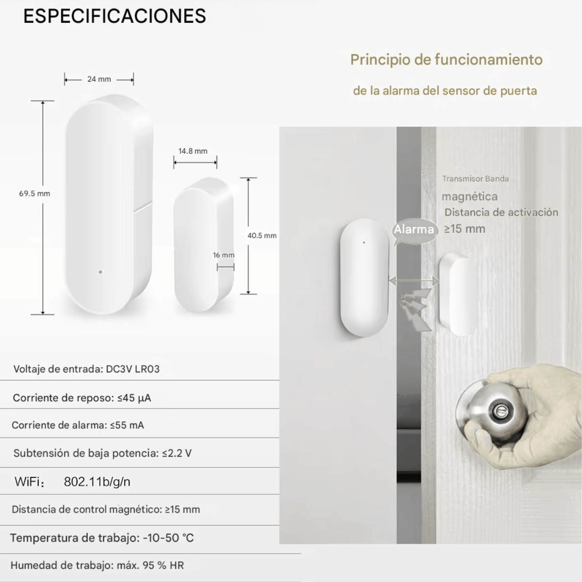 Sensor Inteligente Wifi Puerta Ventana Alexa Google Tuya Blanco - Imagen 8