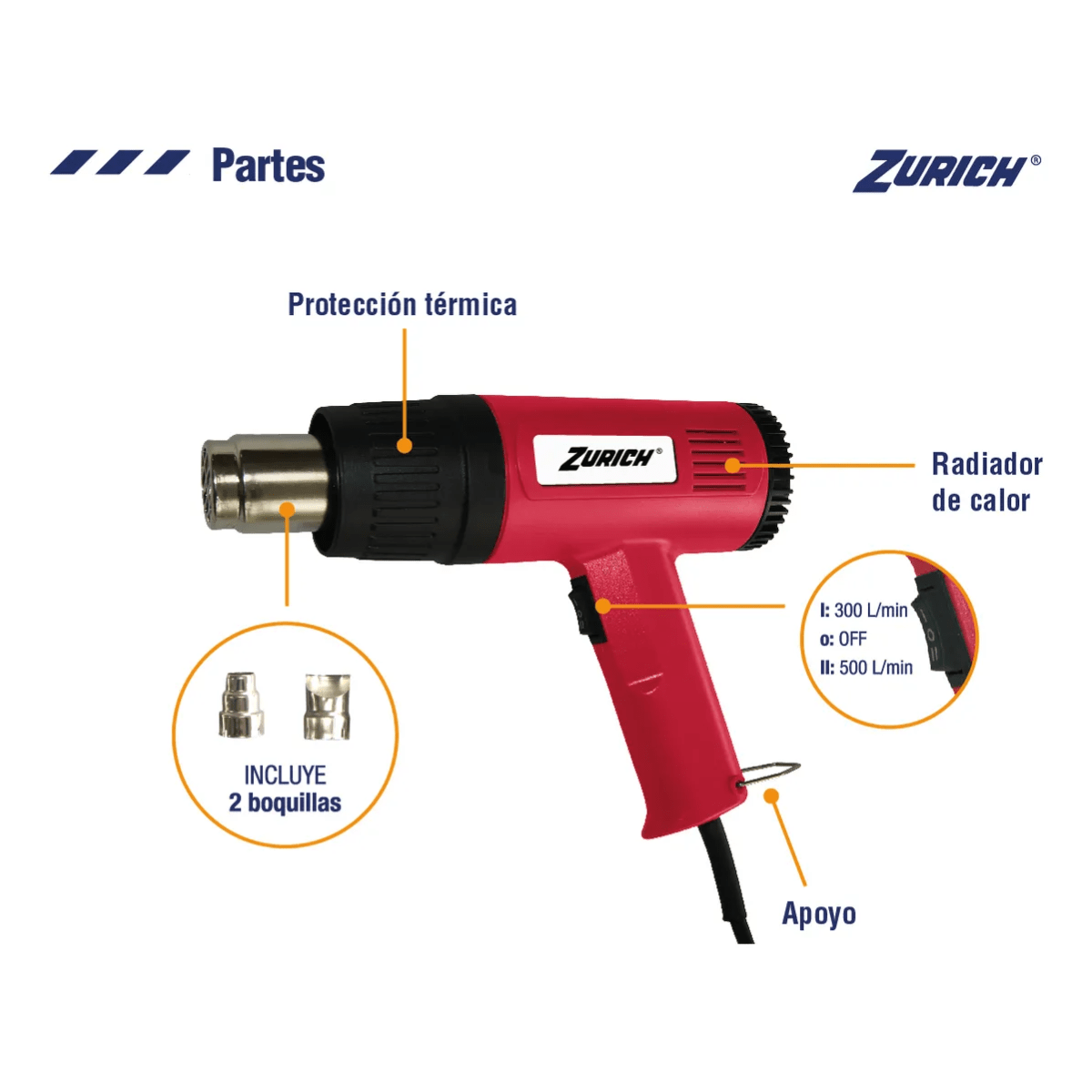 Pistola De Aire Caliente 2000w 2 Boquillas Zurich Bordó - Imagen 3